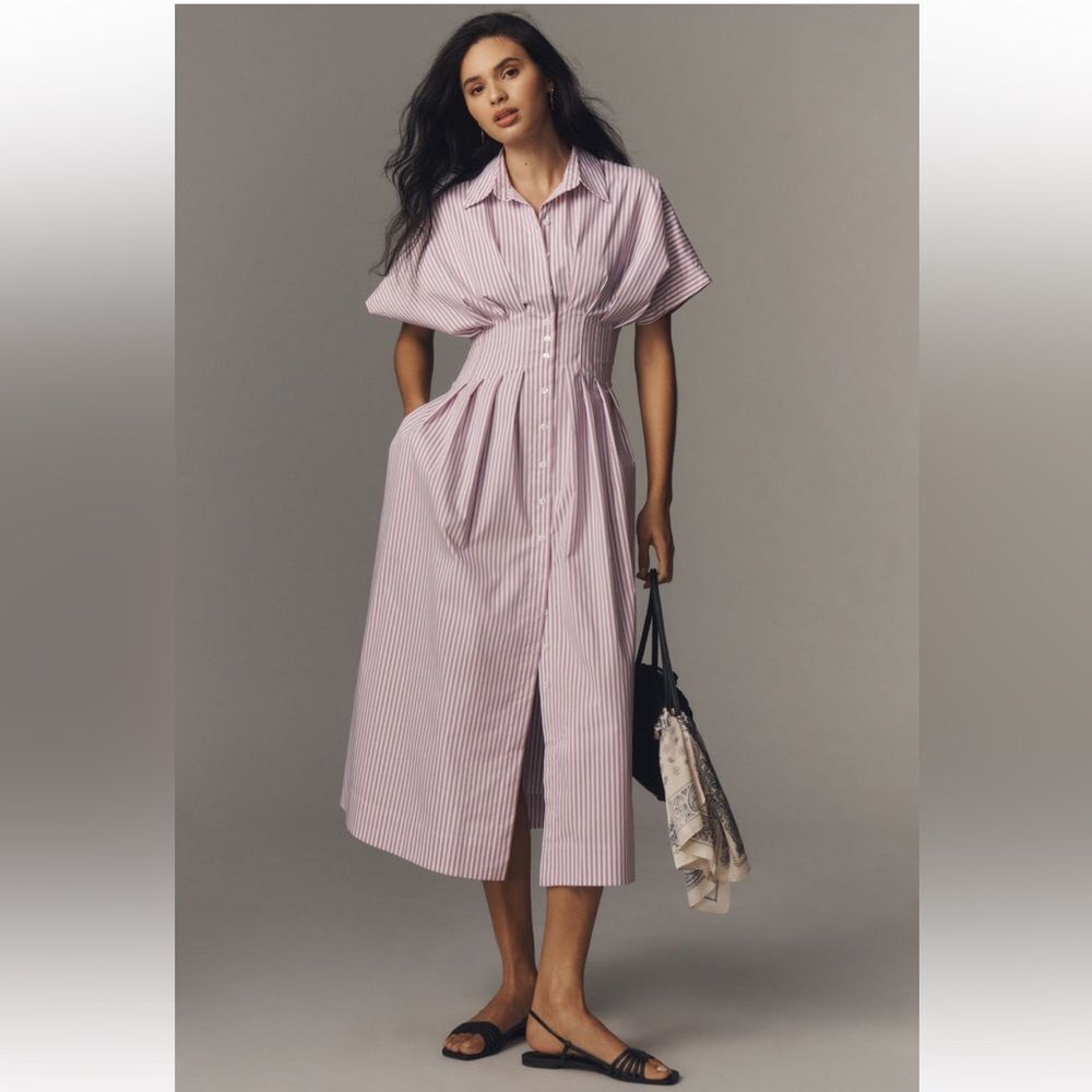 Tobie Button-Front Pleated Midi Shirt Dress by Anthropologie
